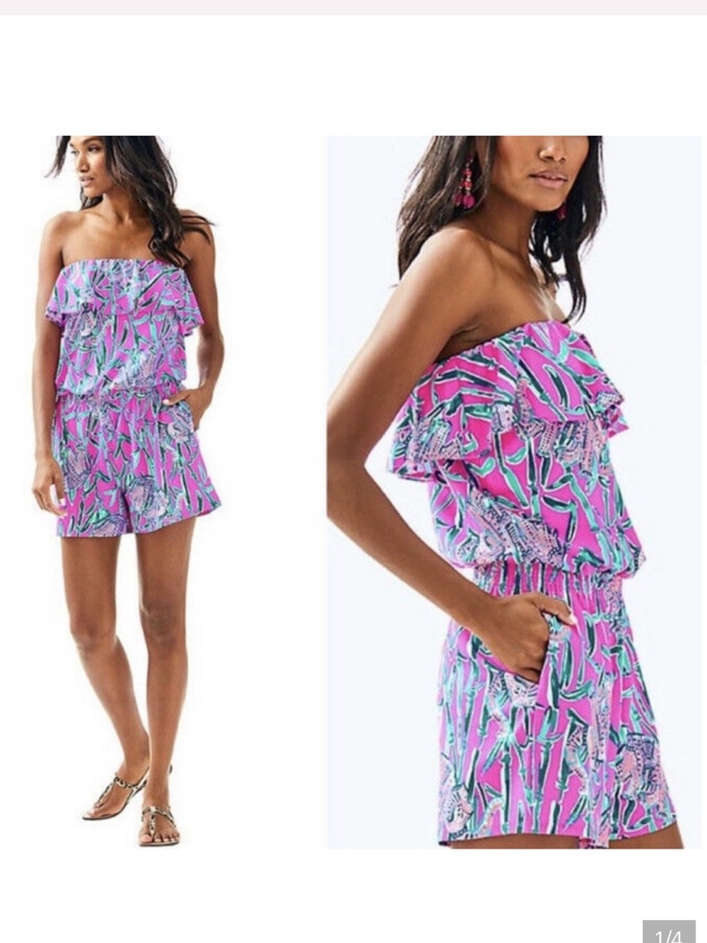 Lilly Pulitzer Pink Tropical Strapless Ruffle Romper